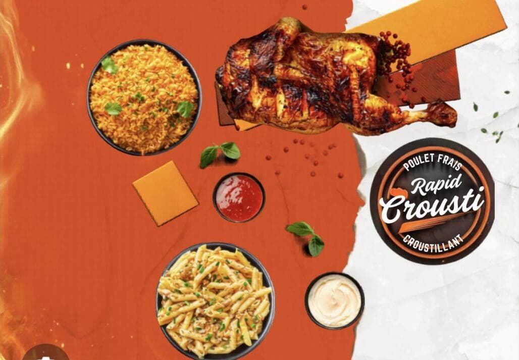L'univers Rapid Crousti : poulet grillé à la flamme, riz, penne et sauces